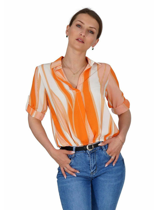 G Secret Damen Bluse mit 3/4 Ärmel & V-Ausschnitt Gestreift Orange