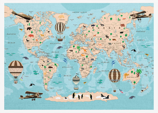 Walls Kids Wall Art Cute World Map with White Frame on Canvas 20x15cm
