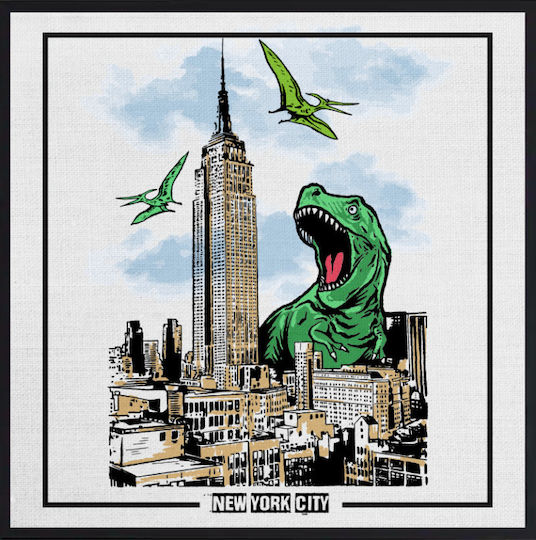 Walls Kids Wall Art Dinosaur in the City with Black Frame on Canvas 70x70cm