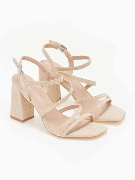 Issue Fashion Suede Women's Sandals Beige with Chunky High Heel 0545/8005391