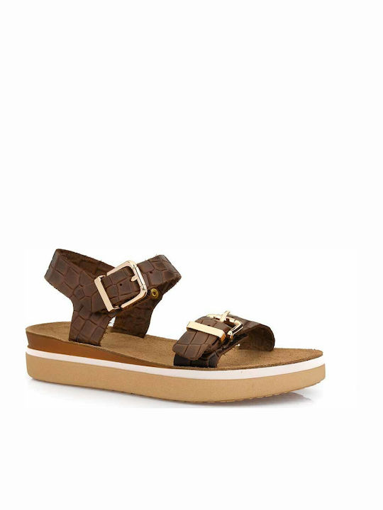 Ateneo Flatforms Leather Women's Sandals with Ankle Strap Brown