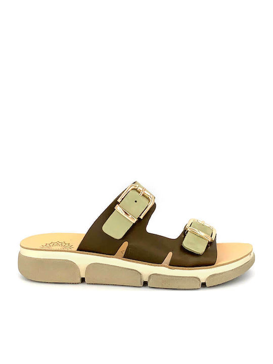 Leather Women's Flat Sandals in Khaki Color