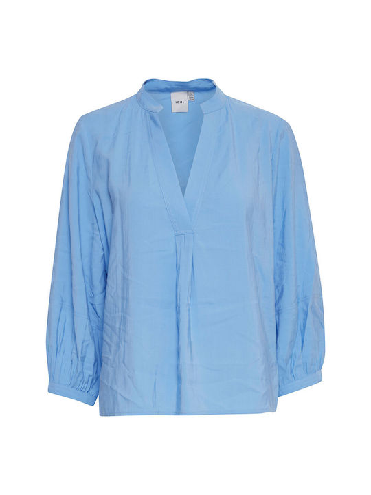 ICHI Women's Summer Blouse Short Sleeve Blue