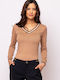 Heavy Tools Women's Long Sleeve Sweater with V Neckline Brown