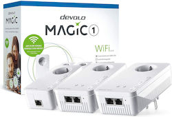 Devolo Magic 1 WiFi 2-1-3 Powerline Τριπλού Kit για Ασύρματη Σύνδεση Wi‑Fi 5 με Passthrough Πρίζα και 2 Θύρες Ethernet