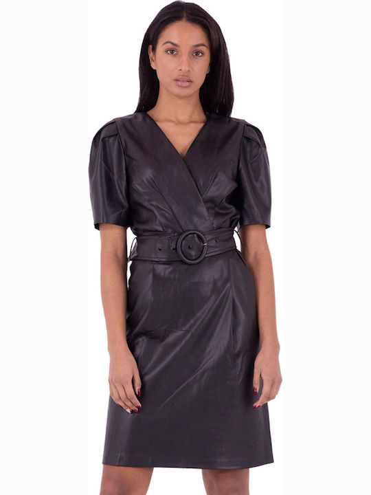 Mini Evening Leather Wrap Black Dress
