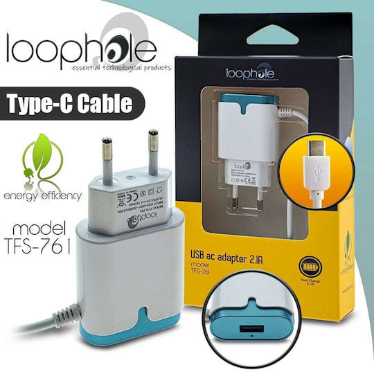 Loophole Charger with Built-in Cable with USB-A Port USB-C Blue (TFS-761)
