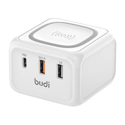 Budi Ασύρματος Φορτιστής (Qi Pad) με 2 Θύρες USB-A και Θύρα USB-C 18W Power Delivery / Quick Charge 3.0 Λευκός (317TE)