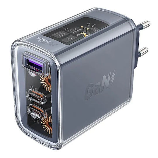 Acefast Φορτιστής Χωρίς Καλώδιο GaN με Θύρα USB-A και 2 Θύρες USB-C 65W Power Delivery / Quick Charge 3.0 Dark Gray (A45)
