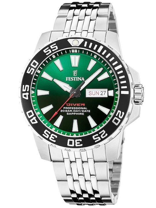 Festina Ανδρικό Ρολόι 45mm Μπαταρίας με Πράσινο Μεταλλικό Μπρασελέ