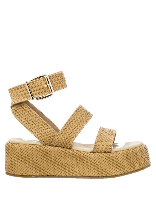 Mariella Fabiani Leather Women's Flat Sandals Flatforms in Beige Color