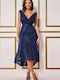 Summer Midi Evening Satin Wrap Dress with Lace Navy Blue DR3337QZ Navy