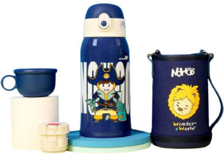 NOHOO Kinderflasche Thermos Piraten Rostfreier Stahl mit Strohhalm Blau 600ml