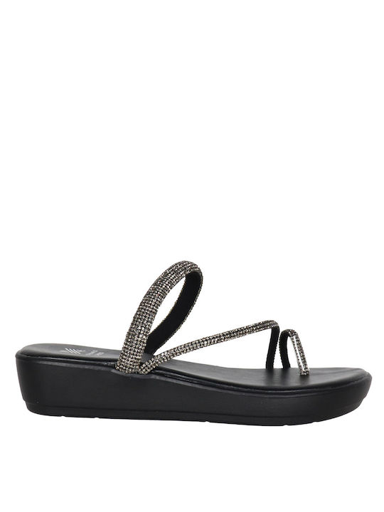 koniaris Flatforms Synthetic Leather Women's Sandals with Strass Black