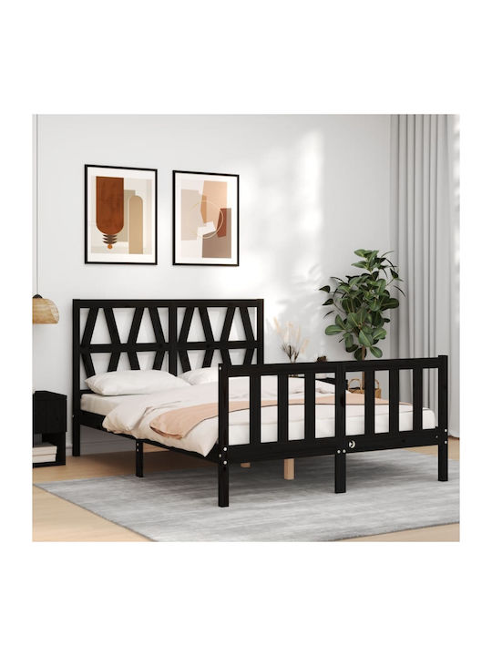 Κρεβάτι Διπλό από Μασίφ Ξύλο Μαύρο με Τάβλες για Στρώμα 140x200cm
