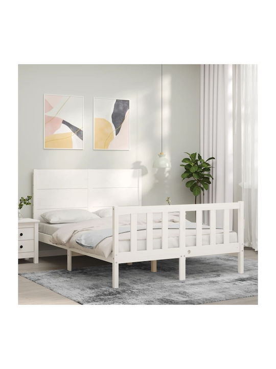 Κρεβάτι Διπλό από Μασίφ Ξύλο Λευκό με Τάβλες για Στρώμα 140x190cm