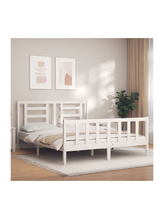 Κρεβάτι Υπέρδιπλο από Μασίφ Ξύλο Λευκό με Τάβλες για Στρώμα 160x200cm