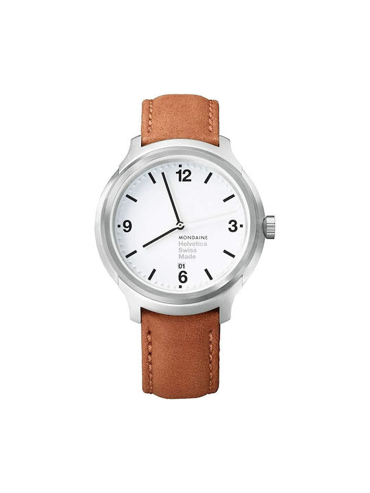 Mondaine Watch Battery with Brown Leather Strap