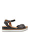 Leather Women's Flat Sandals with Strap in Black Color