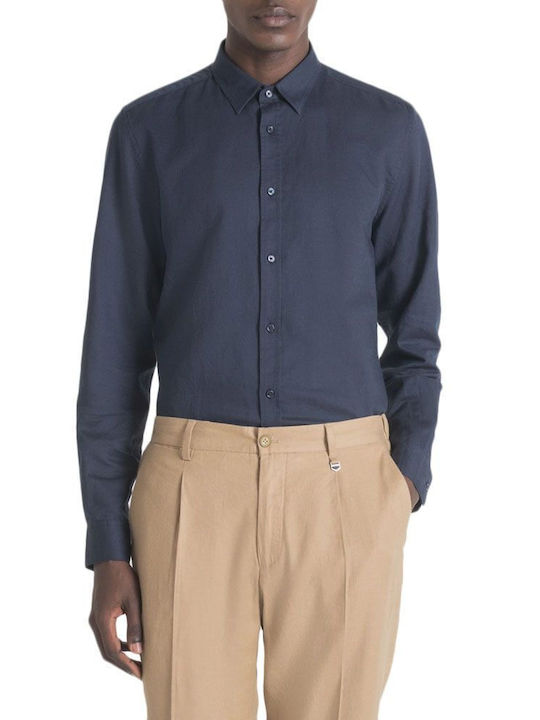 Antony Morato Men's Shirt Long Sleeve Linen Blue