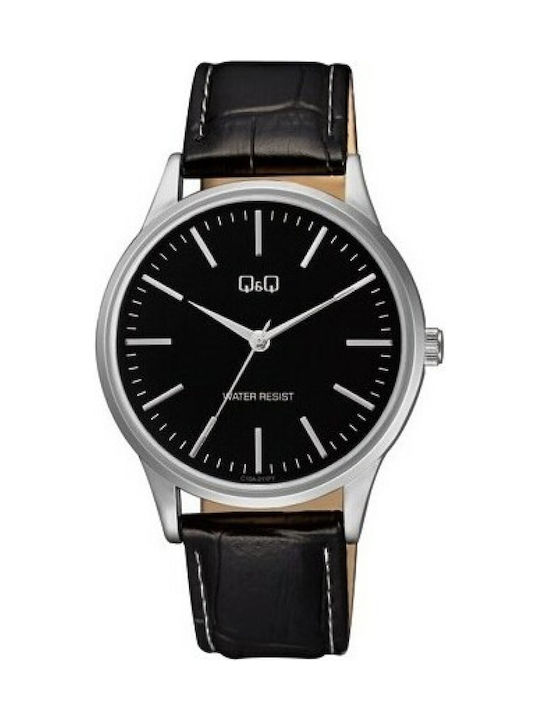 Q&Q Watch Battery with Black Leather Strap