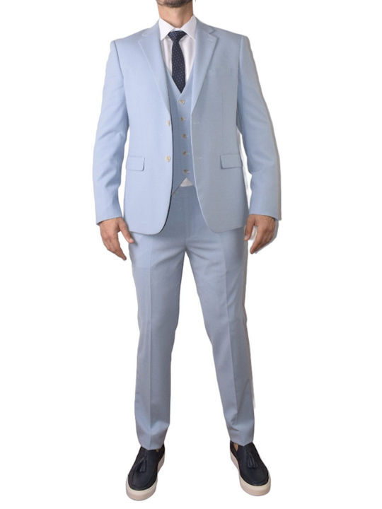 Artisti Italiani Καλοκαιρινό Ανδρικό Κοστούμι Με Γιλέκο με Στενή Εφαρμογή Γαλάζιο