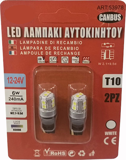 Sabrina Λάμπες Αυτοκινήτου T10 Canbus LED 6000K Ψυχρό Λευκό 10-30V 6W 2τμχ