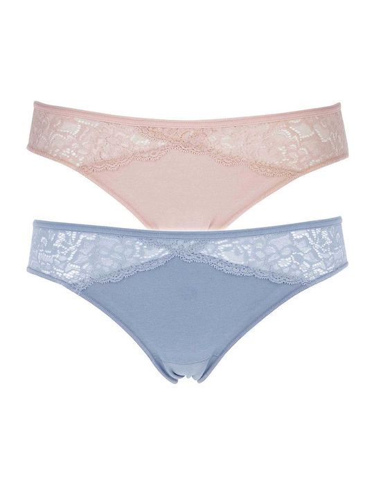 Cotonella Baumwolle Damen Slip 2Pack mit Spitze Blau