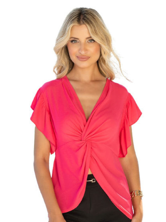 Derpouli Damen Sommer Bluse Kurzärmelig mit V-Ausschnitt Fuchsie