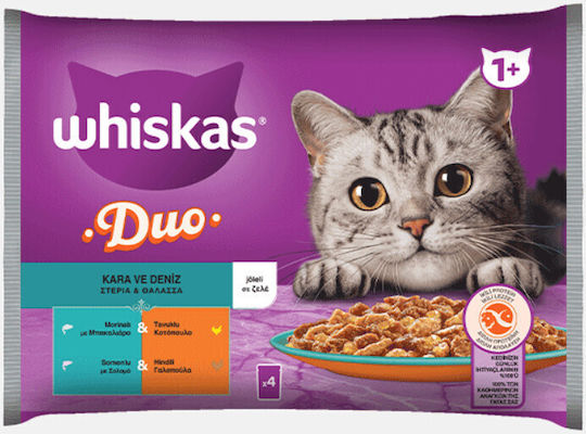 Whiskas Duo Hrană Umedă pentru Pisici Adulte în Pliculeț cu Cod, Pui, Somon, Pește și Curcan 4x85gr