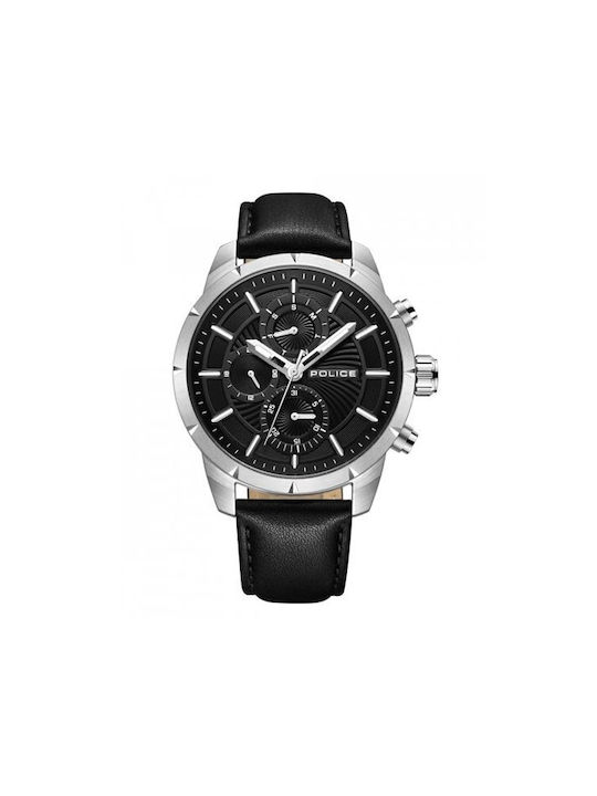 Police Watch Chronograph Battery with Black Leather Strap