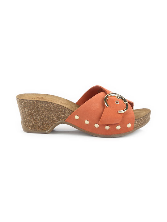 Yokono Leder Mules mit Chunky Hoch Absatz in Orange Farbe