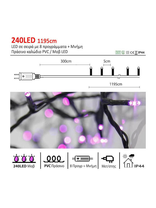 240 Weihnachtslichter LED Rosa Elektrisch vom Typ Zeichenfolge mit Grünes Kabel und Programmen