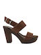 Liberitae Leather Women's Sandals with Ankle Strap Brown with Chunky High Heel