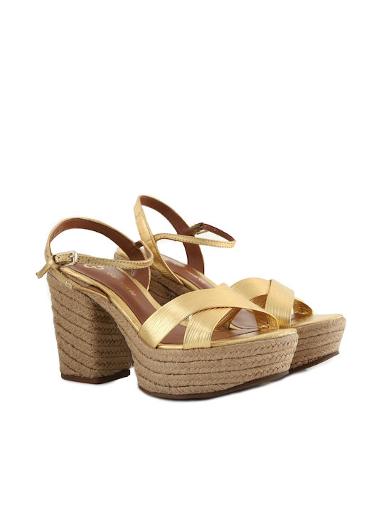 Capodarte Leder Damen Sandalen mit Chunky hohem Absatz in Gold Farbe