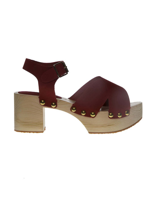 Mythology Platform Leather Women's Sandals with Ankle Strap Red with Chunky Medium Heel