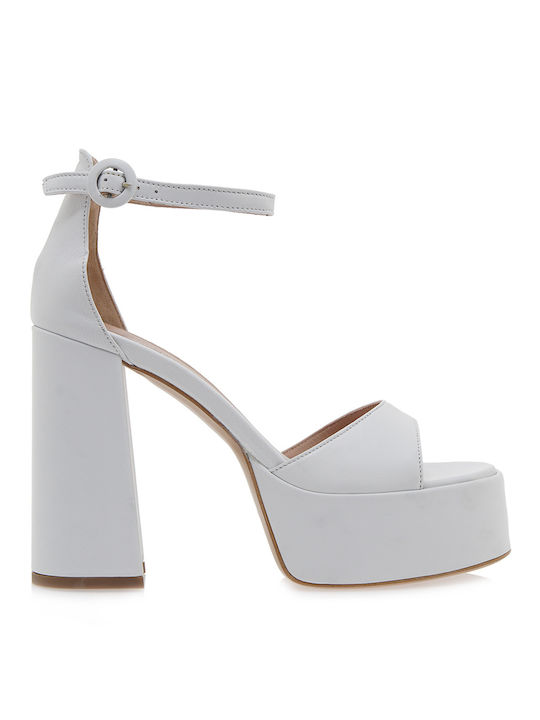 Made 94 Leather Women's Sandals White with Chunky High Heel