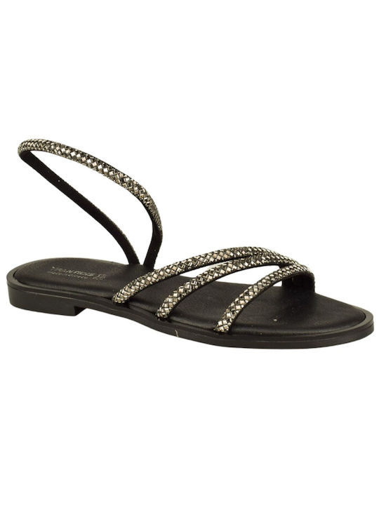 Yfantidis Leather Women's Flat Sandals in Black Color