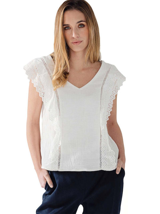 C'est Beau La Vie Damen Sommerliche Bluse Baumwoll Kurzärmelig mit V-Ausschnitt Weiß