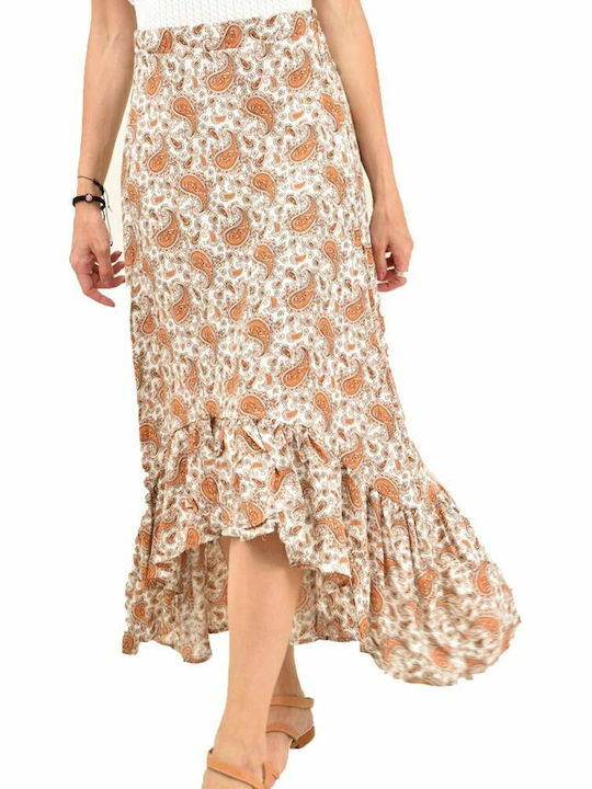 Potre High Waist Midi Skirt Floral in Orange color