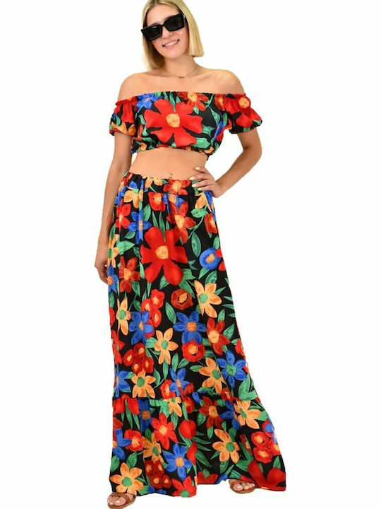 Σετ με Maxi Φούστα Floral Μαύρο