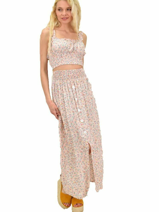 Potre Set with High Waist Midi Skirt Floral in Pink color