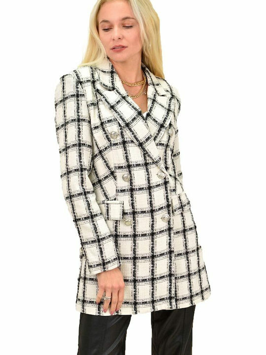 Women's Checked White Coat with Buttons