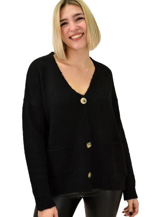 Potre Long Women's Knitted Cardigan with Buttons Black