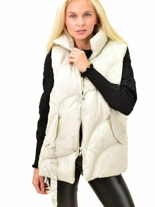 Potre Lang Damen Ärmellos Puffer Jacke für Winter Beige