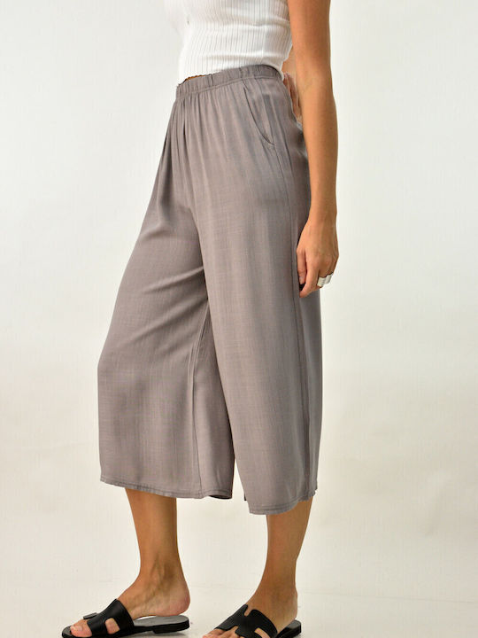 Women's High-waisted Fabric Trousers with Elastic in Straight Line Gray
