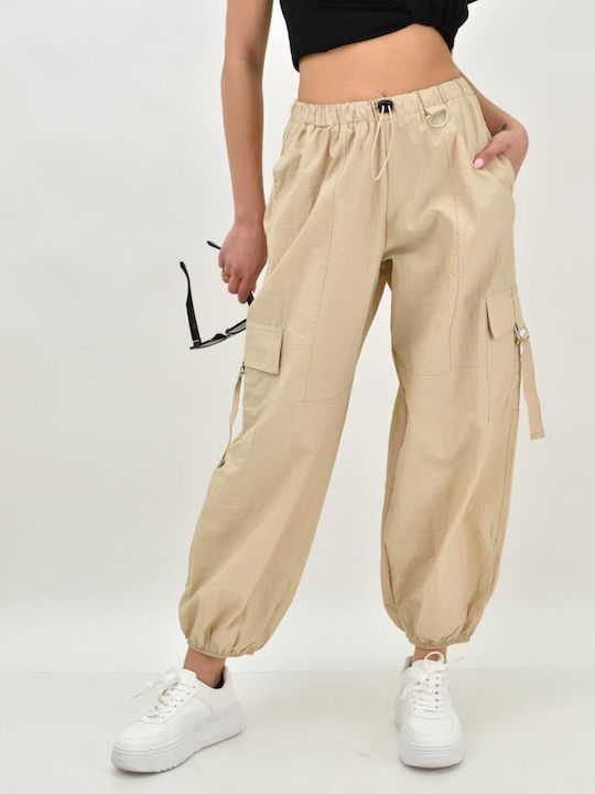 Potre Women's Fabric Cargo Trousers with Elastic Beige