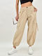 Women's Fabric Cargo Trousers with Elastic Beige