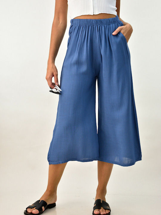 Potre Γυναικεία Ψηλόμεση Λινή Παντελόνα με Λάστιχο σε Ίσια Γραμμή σε Μπλε Χρώμα