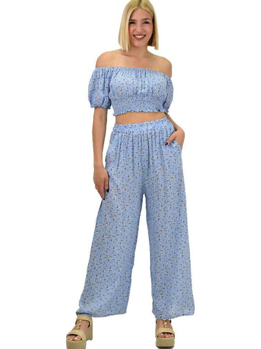 Damen Hellblau Set mit Hose Blumen